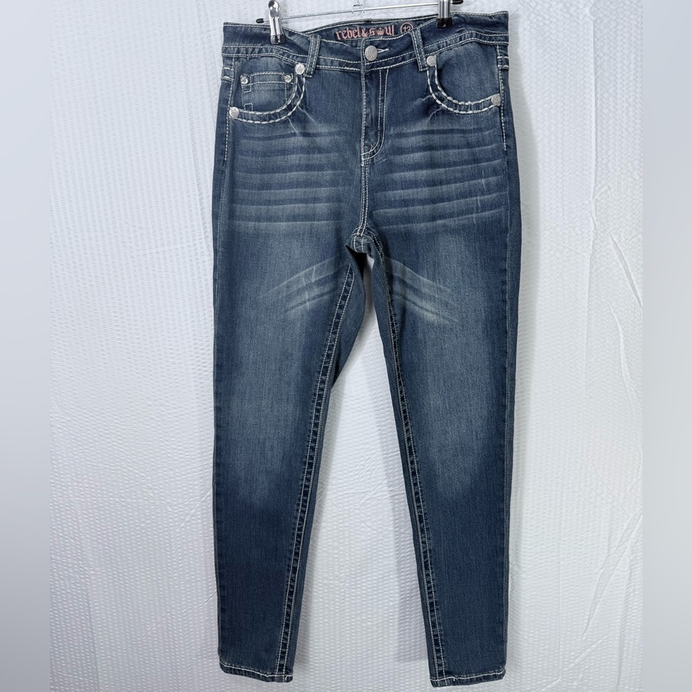 Women’s Y2K Embellished Embroidered Rebel & Soul Skinny Jeans Med Wash, Sz 12